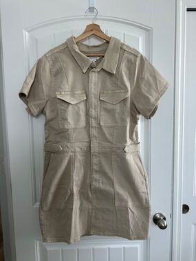 Good American Beige Short-Sleeve Utility Stretch Denim Shirt Dress